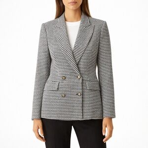 ZARA Cotton Blend Fitted Houndstooth Double Breasted Blazer Flap Pockets Sz M